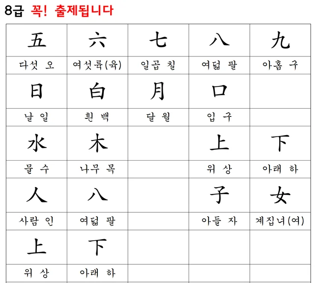 한자급수합격노트-8급,7급,6급 한자교육진흥회 자료 - 크몽