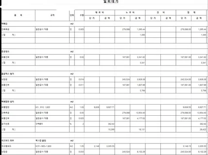 인테리어 공사 물량산출,일위대가,산출내역서