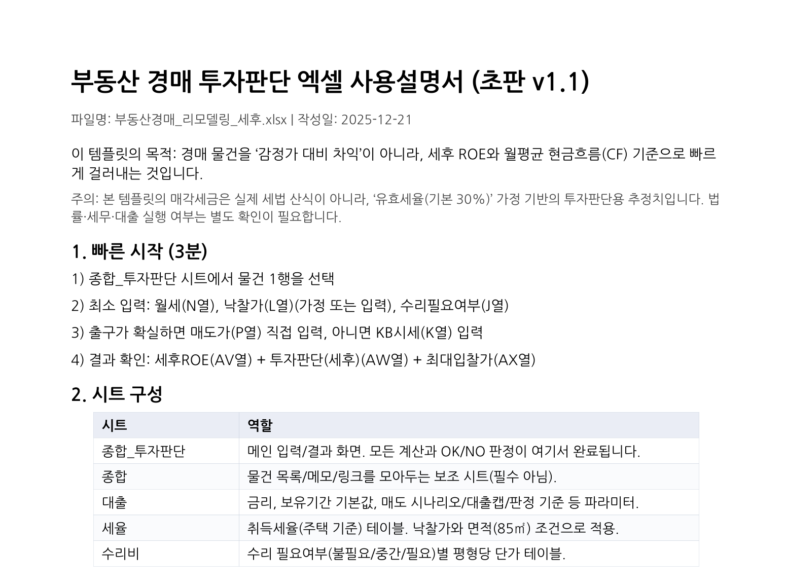 경매 수익률 계산 파일+안내서 - 크몽