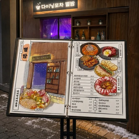포트폴리오-포차 메뉴판 - 별밤 회기역점 (+가게 풍경일러스트)