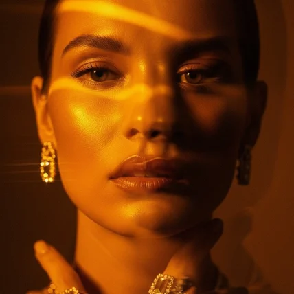 포트폴리오-AI 뷰티 에디토리얼 포트레이트 패키지 | Golden Veil Radiance Conce