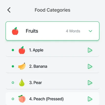 포트폴리오-한국어 학습 모바일 앱 카테고리 탐색 화면, 레슨 리스트 화면 디자인