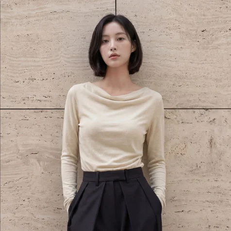포트폴리오-AI 연출컷 - 아이보리 셔링 티셔츠