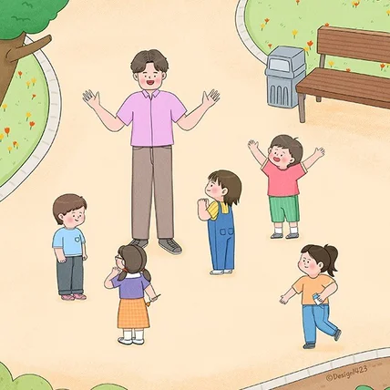 포트폴리오-공원에서 선생님과 놀고 있는 아이들 | 교재삽화, 학습지 일러스트