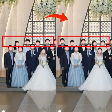포트폴리오-[포토샵 작업] 결혼식 가족사진 인물 추가 및 자연스러운 편집 사례