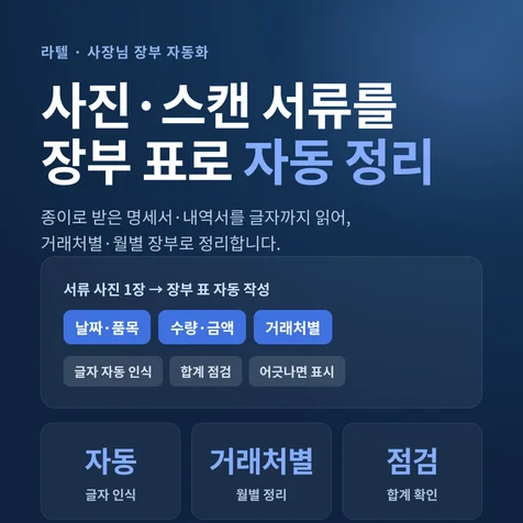 포트폴리오-사진·스캔으로 받은 거래 서류를 글자까지 읽어 깔끔한 장부 표로 정리해 드립니다