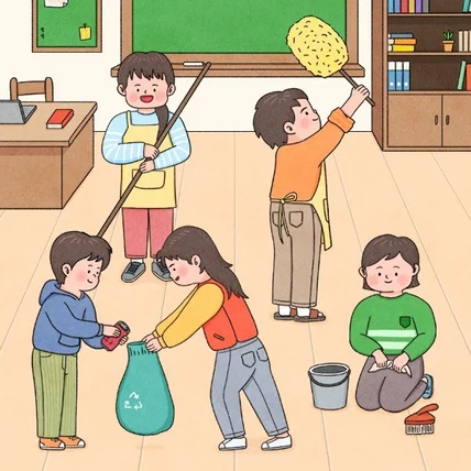 포트폴리오-청소하는 아이들 | 교재삽화, 학습지 일러스트