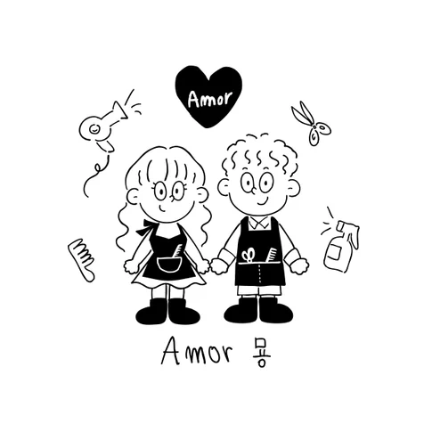 포트폴리오-헤어스튜디오 AMOR 묭  핸드 드로잉 일러스트 로고와 캐릭터 디자인