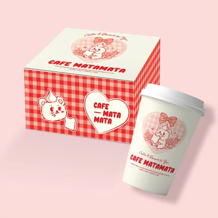 포트폴리오-사랑스러운 카페 디저트 박스+페이퍼컵 패키지 디자인 | 러블리 큐티 무드